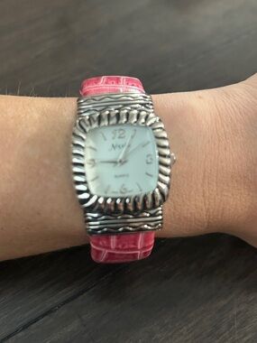 Pink Croc-Embossed Leather Strap Watch with Silver-Tone Decorative Case